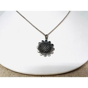 Vintage Sterling Silver Floral Sunflower Pendant Necklace Boho
